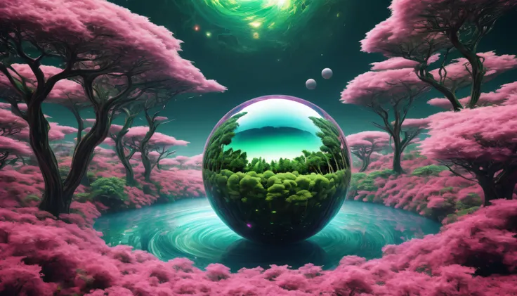 (((masterpiece))) (((Best Quality))) Glass sphere, close-up of a Planet with a bunch of trees on it, overgrown Planet, green Planet, Fractal World, A lush world of fantasy, fantasy Planet, Dyson sphere, pink Planet, 3D rendering beep, Planetary landscape, ...