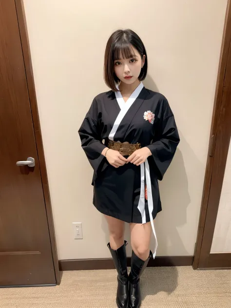 ulzzang-6500-v1.1, (RAW Photos:1.2), (Realistic), (Genuine:1.4), (masterpiece), Elegant woman with a perfect figure: 1.3, Jet black hair、((Short bob cut with neatly trimmed hair,short hair、bangs))、(She is wearing a deep purple furisode with an elegant patt...