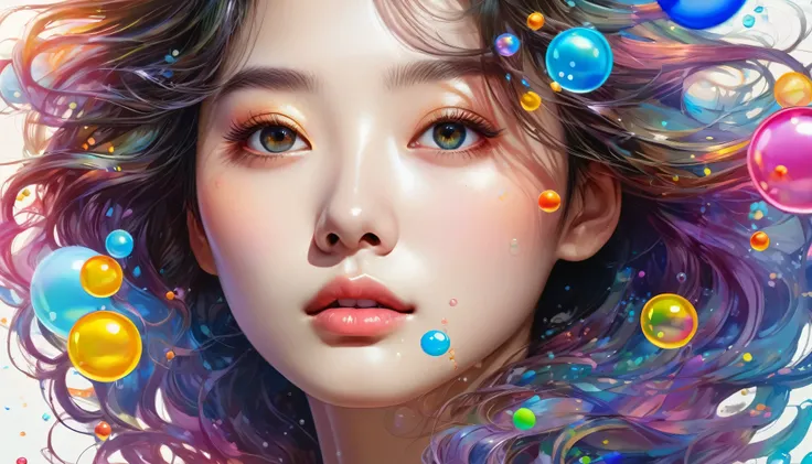 Xingqiu (masterpiece), (Best Quality), (Super detailed),(Disheveled Hair),(Illustration), (One person), Beautiful detailed eyes,Delicate and beautiful face floating,(High saturation),(Colorful splashes),Colorful bubbles,(Shine),Focus on the face