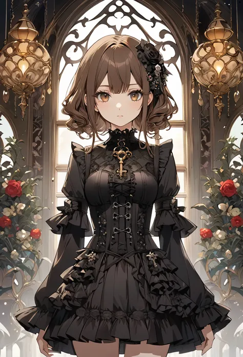 An enchanting scene of a young woman standing amidst elaborate decoration,(((Upper Body))), (((Cowboy Shot))),(((Gothic))), she was adorned with hair accessories、, Wavy brown hair..。Ruffled mini skirt, sheの表情は自然だ, Calm expression. she wore a dress with ruf...