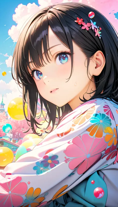 Best Quality, Super Fine, 8k, Unbelievably absurd, Very detailed, 2.5D, Beautiful Goddess, Soap bubbles, Pastel colored clouds, Sunshine, Pop Art, Delicate and dynamic, Pastel color fantasy, Black Hair, Official Art