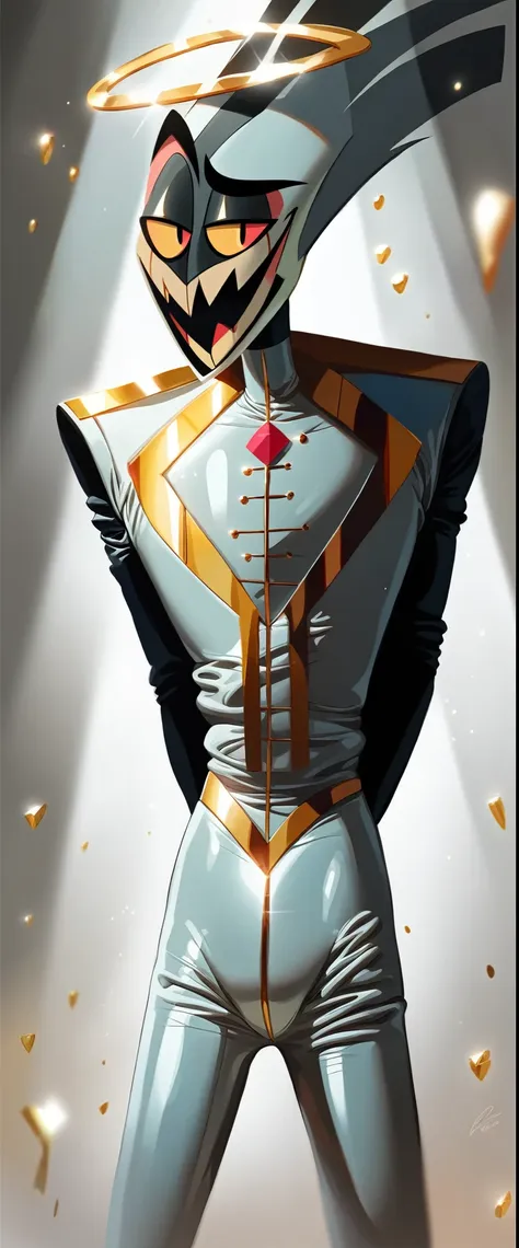 1boy, male, character is male, adam (hazbin hotel), , (((((shiny white latex bodysuit with gold accents)))), helmet with yellow ...