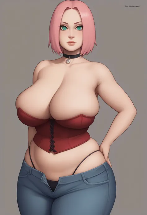 Haruno Sakura. short pale pink hair, large light green eyes, a large forehead, thin lips, Huge saggy breasts and very bbw. huge hips. An angry expression on his face. choker. corset. bar. (thong outline under pants), (thong showing pants slightly down), be...