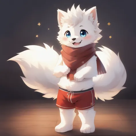 Samoyed, boy, Cuteness, blush, happy face, Blue eyes, Red briefs, billow, scarf, Standing, Barefoot,