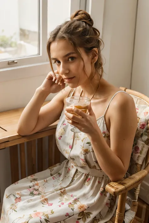 closeup photo of greek girl, 30 years, hair tied up, old posing for a portrait, sitting in chair, floral dress, sunlight on face, drinking glass of water