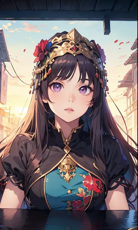 masterpiece, highest quality, (solo focus), (perfect face:1.1), (high detail:1.1), anime style, commissioned art, digital art, 1girl, long hairs, purple eyes color, dark coat, bloom effect, gypsy woman, gypsy headwear