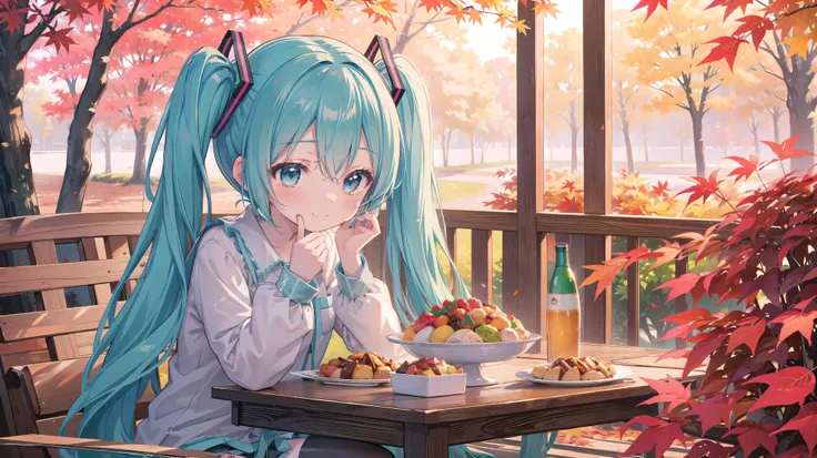 Hatsune Miku、Feast、Eating、Surrounded by autumn leaves、smile
