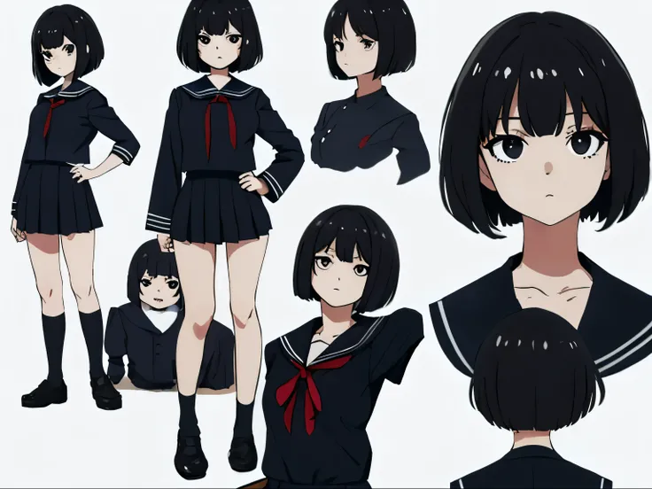 bob cut, black sailor uniform, black eyes, standing posture, various expressions, character sheet