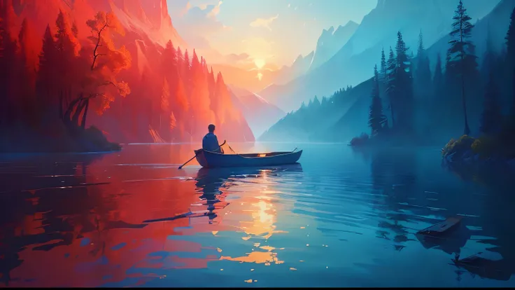 there is a man in a boat on a lake at sunset, serene illustration, beautiful art uhd 4 k, beautiful digital artwork, stunning digital painting, dreamlike digital painting, beautiful digital painting, beautiful digital art, stylized digital art, in a serene...