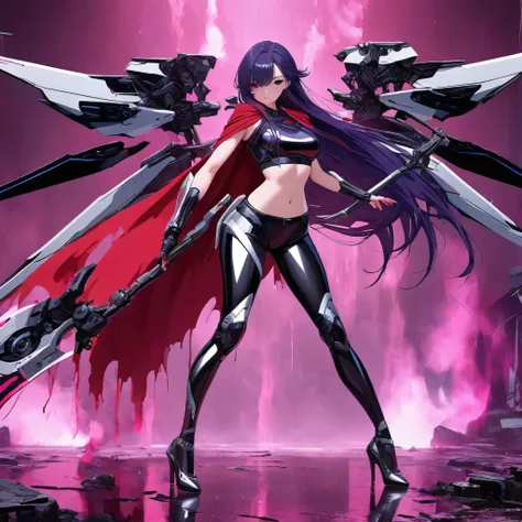 ((Sexy seductive anime long haired girl wearing shiny armor crop top and shiny black metallic leggings)), (good anatomy), (with red cape) (high heels), (standing seductive), (Mechanical wings), (Mechanical left eye), (Pink aura), (mechanical wings), (blood...