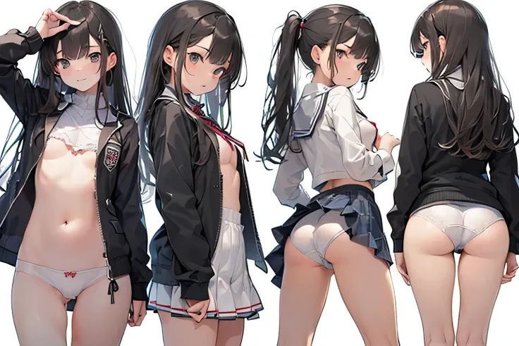 nsfw、16k、Cute junior high school student showing off her white panties、(Listed below:1.5)、Cowboy Shot、Transparent white school uniform、Shooting from face to crotch、((3D View,chest, Ass and crotch,Character sheet simple white background))