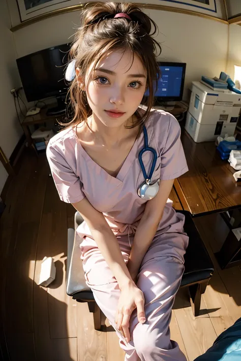 Best Quality, masterpiece ultra high resolution 8k,((Portrait of a person sitting with legs together:1.4)), (Realistic:1.6), ((blue eyes)),((A radiant smile)), RAW Photos,((Realisticな美肌)),((Life-saving doctor,Scrub outfit,Pants look:1.4)),((Soft looking br...