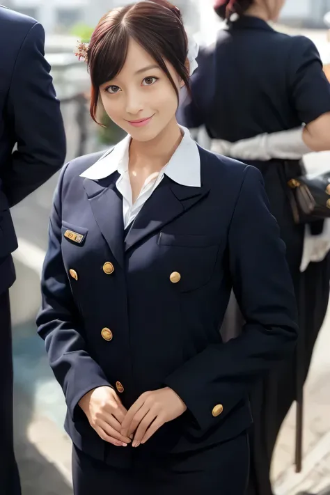 (masterpiece:1.2, Best Quality:1.2), 32K HDR, High resolution, (Alone、1 girl)、（On the roof of a building during the day、Professional Lighting）、Building rooftop background、（Japan Air System cabincrew Uniformを着たリアルスタイル）、（（Japan Air System cabincrew uniform j...
