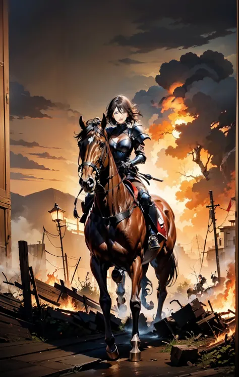 ((best quality)), ((anime masterpiece)), (high detailed), 8k, cinematic lighting, perfect face, panic face, a young female knight riding a HORSE, riding through wildfire, open mouth:0.1, (brown eyes, pixie cut, hair between eyes, {brunette}, large breast),...