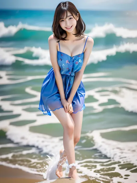 photo-realistic quality、a 20-year-old japanese woman in a dress stands at the edge of the beach., waves washing over her feet、be...