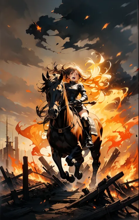 ((best quality)), ((anime masterpiece)), (high detailed), 8k, cinematic lighting, perfect face, panic face, a young female knight riding a HORSE, running through wildfire, open mouth:0.6, (brown eyes, pixie cut, hair between eyes, {brunette}, large breast)...