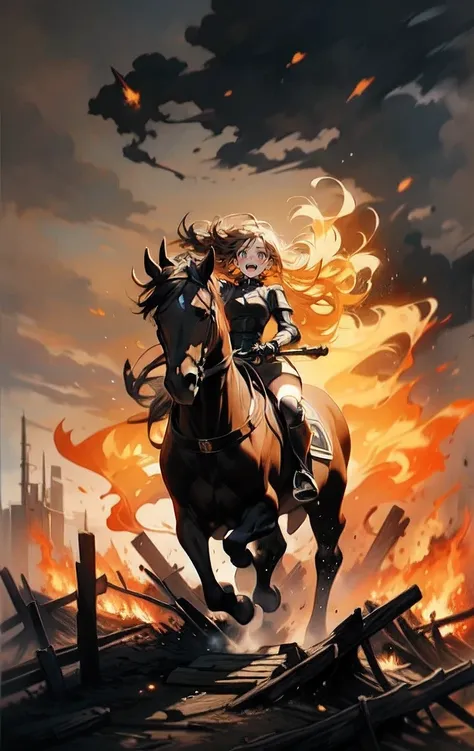 ((best quality)), ((anime masterpiece)), (high detailed), 8k, cinematic lighting, perfect face, panic face, a young female knight riding a HORSE, running through wildfire, open mouth:0.6, (brown eyes, pixie cut, hair between eyes, {brunette}, large breast)...