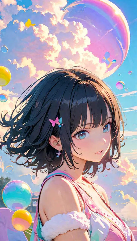 Best Quality, Super Fine, 8k, Unbelievably absurd, Very detailed, 2.5D, Beautiful Goddess, Soap bubbles, Pastel colored clouds, Sunshine, Pop Art, Delicate and dynamic, Pastel color fantasy, Black Hair, Official Art