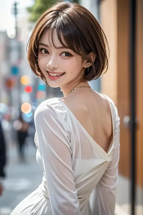 ((1. The Ultimate Beauty))、Mature、Beautiful Face、Brown eyes、Detailed lips, Beautiful eyes for every detail, Double eyelids, Long eyelashes、(Huge breasts), (curve), Grin, Beautiful teeth alignment, Captivating Gaze、Charming smile, (brunette pixie cut), (Sex...