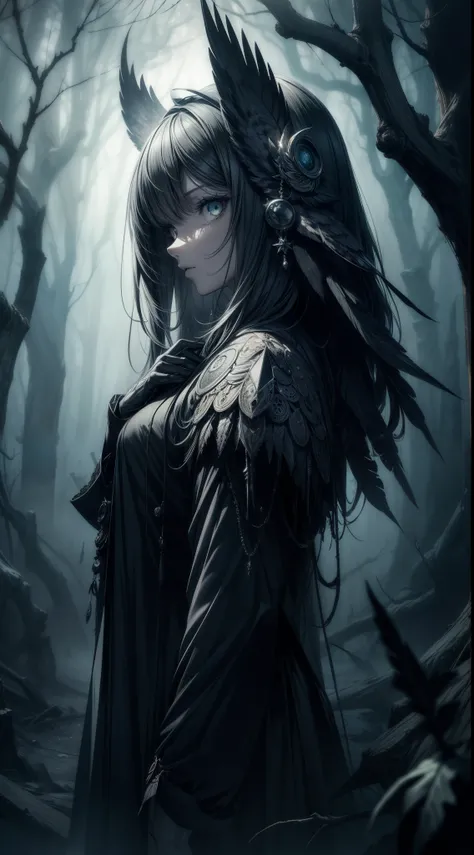 (Best qualityA high resolution,masterpiece:1.2),Ultra Detailed,Gloomy atmosphere,Intricately detailed owl,Sharp eyes,Feather in sharp focus,Delicate claws and beak,[Dark and mysterious],[Haunting shadows and eerie lighting],Creepy tree branches,Ominous nig...