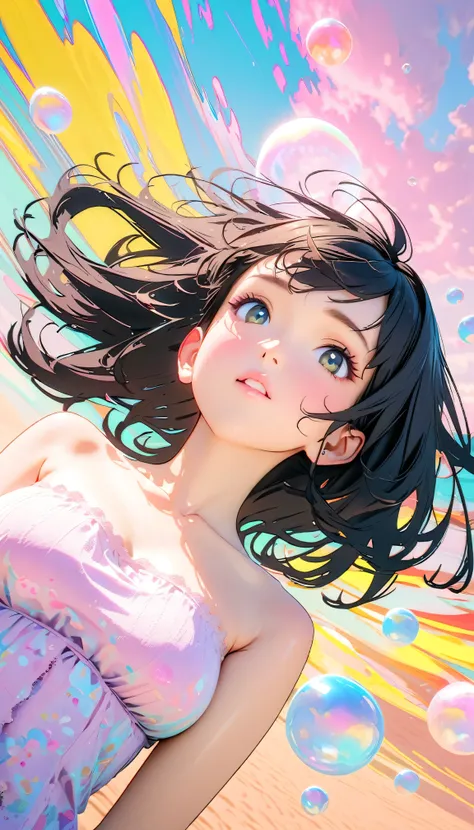 Best Quality, Super Fine, 8k, Unbelievably absurd, Very detailed, 2.5D, Beautiful Goddess, Soap bubbles, Pastel colored clouds, Sunshine, Pop Art, Delicate and dynamic, Pastel color fantasy, Black Hair, Official Art