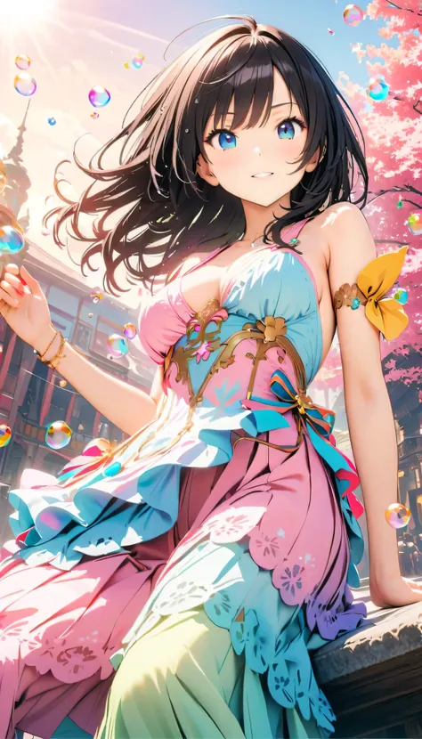 Best Quality, Super Fine, 8k, Unbelievably absurd, Very detailed, 2.5D, Beautiful Goddess, Soap bubbles, Pastel colored clouds, Sunshine, Pop Art, Delicate and dynamic, Pastel color fantasy, Black Hair, Official Art