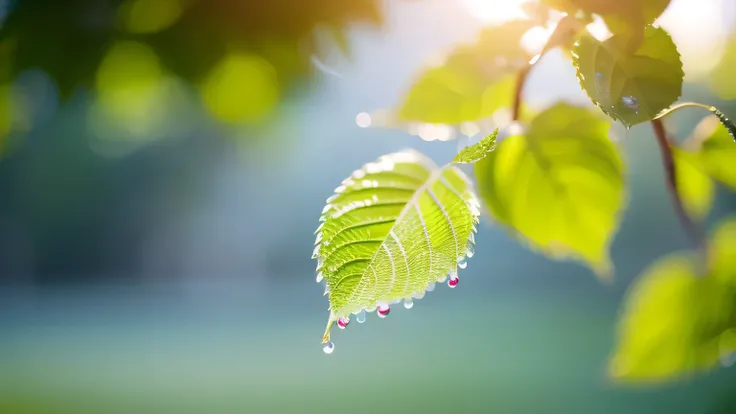 Summer Dream，Translucent leaves，Dreamy lighting，Droplets scattered in the air sparkle in the sun，High resolution，detailed，Best Quality