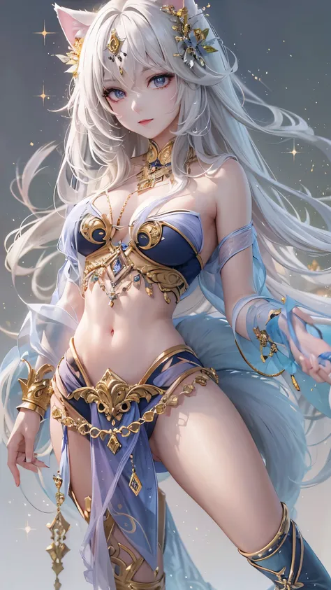 ((Best Quality)),(Ultra-high resolution),(Super detailed),(Detailed Description),((The best CG)),(masterpiece),Highly detailed art,(Art with precise detail:1.5), (Exotic Dancer:1.6),(Long Hair:1.3,Platinum blonde and lavender shades:1.3),(Enchantingなエメラルドグ...