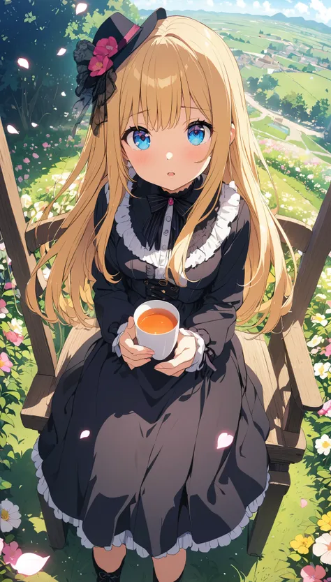 (masterpiece: 1.2), (Very detailed: 1.2), (Very detailed CG: 1.2), (high quality: 1.2), (最high quality), 8k, Anime illustration,far and near method, Fisheye Shot, Ultra Wide Angle,  Flower Field、Girl sitting on chair in the middle、Gothic black clothing、Blo...