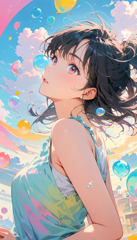 Best Quality, Super Fine, 8k, Unbelievably absurd, Very detailed, 2.5D, Beautiful Goddess, Soap bubbles, Pastel colored clouds, Sunshine, Pop Art, Delicate and dynamic, Pastel color fantasy, Black Hair, Official Art