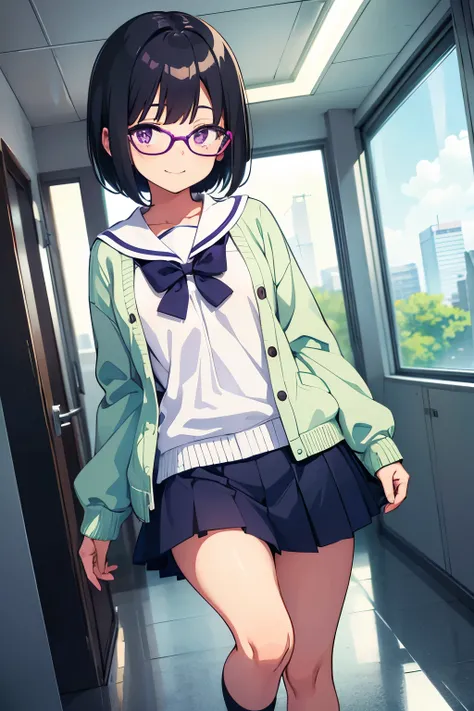 Elementary school girl　　Flat chest　Black Hair　Short Bob　Glasses　Purple Eyes　smile　（One person）A light green long-sleeved cardigan over a white sailor suit　Navy blue mini skirt　White panties　White socks　sneakers　（（White pantiesが見える））School corridor　Standing...