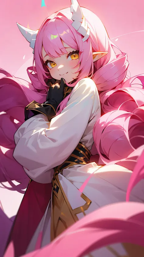 girl、smile、Pink Long Hair、Twin Drill Hair、Yellow Eyes、Pointy ears、Pink background、The clothes are white、