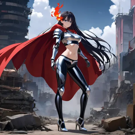 ((Sexy seductive anime long haired girl wearing shiny armor crop top and shiny black metallic leggings)), (good anatomy), (with red flaming cape) (high heels), (standing seductive firm), (mechanical arms), modern anime style, 4 k manga wallpaper, very mode...