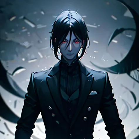 Dark man facing the camera, black formal wear, LONG BLACK HAIR, macabre aura.