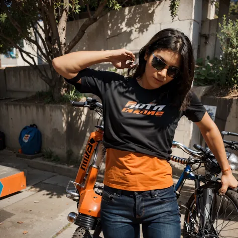 Give the bike a ktm Give a sunglass to the eyes Change the t-shirt Give a shirt Change the pants