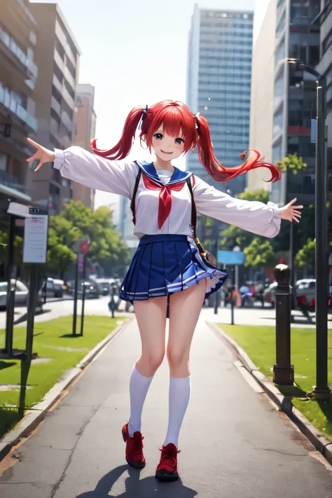 Standing in an empty park、Cosplaying as Paipai Kamen、mini skirt、Red hair twintails、Cute face、Smiling、Hands outstretched to the side、Full-body front view