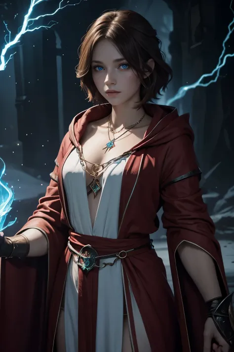 8k,blue eyes, young girl, teenager, red clothes, necklace, brown hair, short hair, pale skin, white skin with blue-line tattoos, tattoos everywhere, elemental hands, sparkling lightning, casting spells, long gloves, red robe, tight robe, mage, bracers, glo...