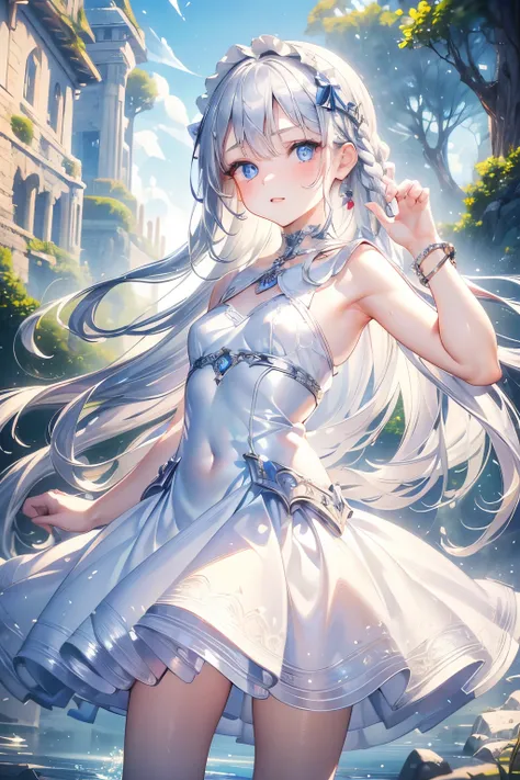 masterpiece,Best Quality,Very detailed,beautiful girl, teenager,High Fantasy,fantasy white dress,Jewelry Accessories,Outdoor,squirt,Small breasts,Narrow waist,Straight silver hair,Braids,Perfect Blue Eyes,Very cute,Active pose