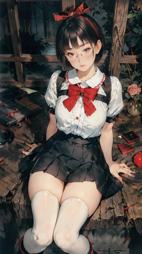 1 Japanese girl,whole body.break,Glasses,Black short bob hair,break,Short-sleeved white sailor dress, Mini Pleated Skirt, break, Red Ribbons,break,(Black thigh high socks),High heel short boots,break,Large Breasts, Showa Decadence, Girl Camellia, coquetry