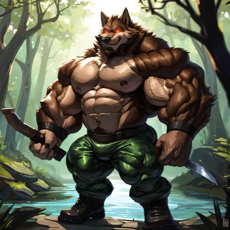 Anthropomorphic badass experiment bodybuilder nightmare wolf (realistic, detailed, american shot, muscle mountain, aesthetic body, largest possible muscles, well-built body, 1.5 meters tall, small, brown fur, aesthetic physique, very beefy and massive phys...