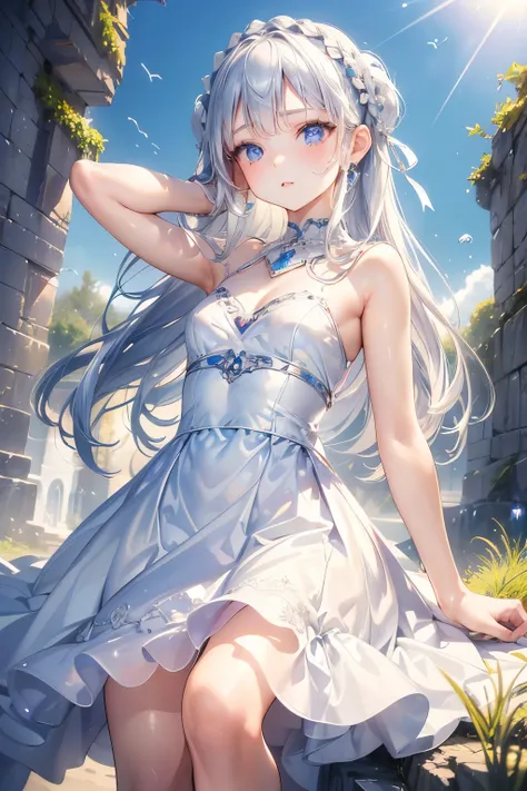 masterpiece,Best Quality,Very detailed,beautiful girl, teenager,High Fantasy,fantasy white dress,Jewelry Accessories,Outdoor,squirt,Small breasts,Narrow waist,Straight silver hair,Braids,Perfect Blue Eyes,Very cute,Active pose