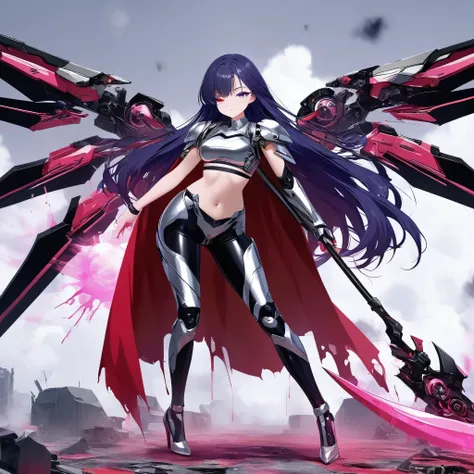 ((Sexy seductive anime long haired girl wearing shiny armor crop top and shiny black metallic leggings)), (good anatomy), (with red cape) (high heels), (standing seductive), (Mechanical wings), (Mechanical left eye), (Pink aura), (mechanical wings), (blood...