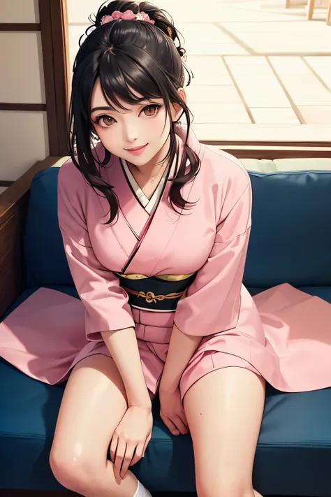 ((Best Quality)), ((masterpiece)), (detailed), ((a 3 goddess)), ((Alone)), ((wearing pink kimono)), beautiful, natural makeup, open eyes, brown eyes, perfect face, beautiful face, ultra-detailed face, sitting on sofa, Open legs wide, Japanese traditional i...