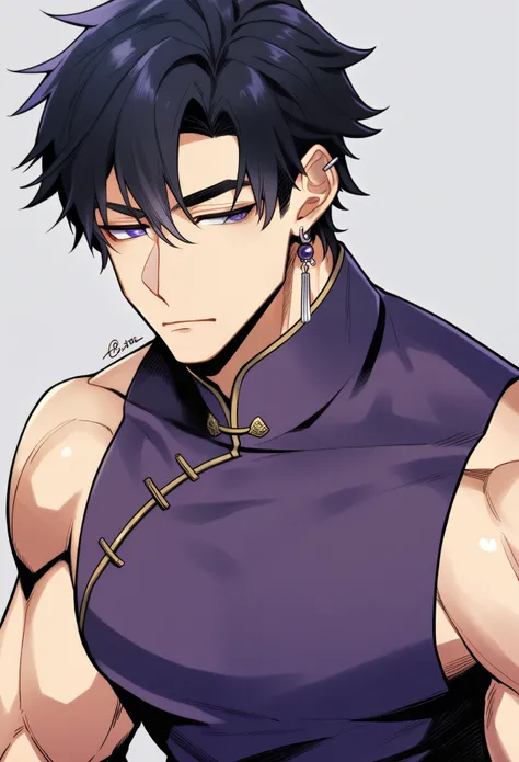 male、Handsome、Black hair with a slight hint of purple、Hair length up to shoulder blades、tall、Eyes are purple、Eyes are fine、Has muscles、Larger pectoral muscles、Chinese clothing、Shy expression、One silver earring in the right ear、Upper Body