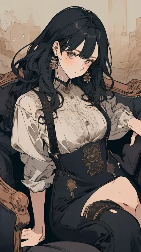 A mature woman lying on the sofa, A woman with long, black, wavy hair, Wearing suspenders, Full figure, Exquisite facial features
