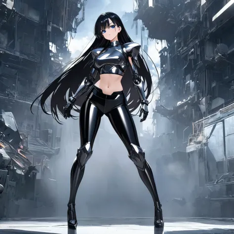 ((Sexy seductive anime long haired girl wearing shiny armor crop top and shiny black metallic leggings)), (good anatomy), (high heels), (standing seductive firm), (mechanical arms), modern anime style, 4 k manga wallpaper, very modern anime style, at pixiv...