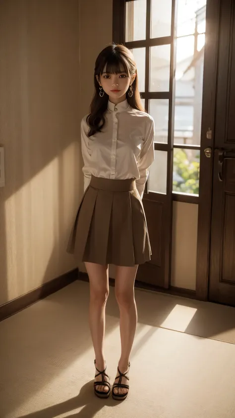 Standing Japanese woman、Hands behind back:1.5、1 person、Perfect beauty、university student、actress、Full body portrait、Small face、Precise and beautiful eyes、Medium build、Model-like proportions、Wearing a shirt、Wearing a skirt、Bright interior、, light brown hair...