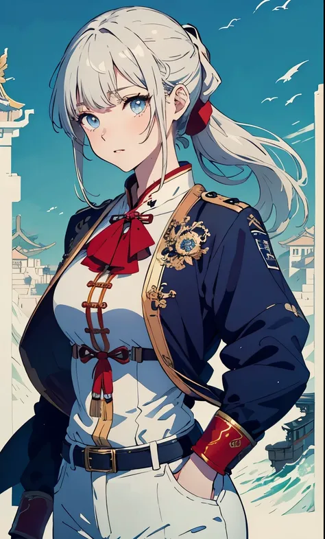 masterpiece, highest quality, (solo focus), (perfect face:1.1), (high detail:1.1), anime style, commissioned art, digital art, fantasy settings, 1girl, white hairs, blue eyes, chinese empire, admiral, tied hairs, ponytail, blue uniform, han dynasty soldier...