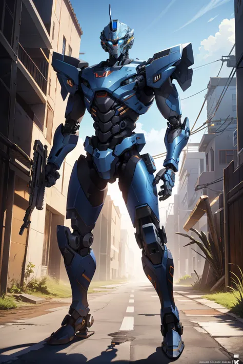 (extremely detailed CG unity 4k wallpaper),(masterpiece),(best quality),(ultra-detailed),(best illustration),(best shadow),(absurdres), Robot soldier, Silver robotic body, Blue visor, Rifle in hand, standing at attention,