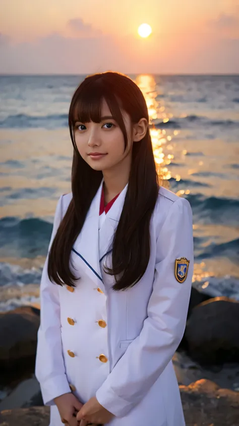 Wearing a uniform、Sea and sunset in the background